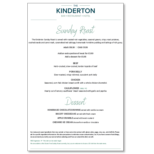 Sunday Lunch Menu